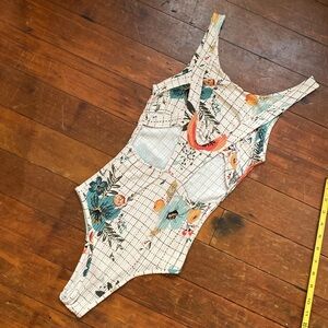 Farm Rio Windowpane Floral Open/Cross Back Bodysuit M